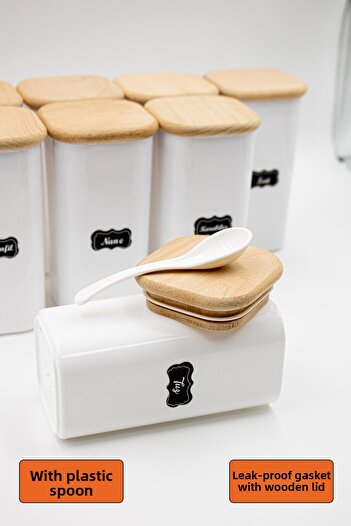 Reyok Home Set of 12 Wooden Lid 300 ml White Spoon Mica Spice Storage Container Set Vacuum Leak Proof Lid