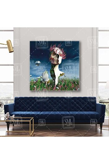 SML TABLO Sculpture in Grass and Pink Flowers Square Canvas Print