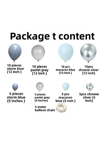 Organizasyon Pazarı Balloon Set Storm Blue-Pastel Grey-Macaron Blue-Chrome Silver Set of 60 Balloon Chain