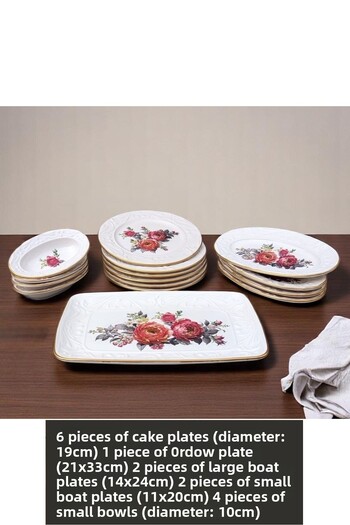Pinkev 15 Piece Ceramic Cake Breakfast Presentation Plate Set - Pomegranate Flower