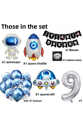 Patladı Gitti Space Concept 9Th Birthday Party Celebration Set Astronaut, Ufo and Spaceship Foil Balloon Set
