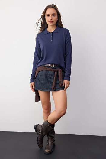 Trendyol Collection Wardrobe Essentials Bleumarin*001 Premium Yarn Pulover tricotat cu croială lată |   TWOAW26KZ00195