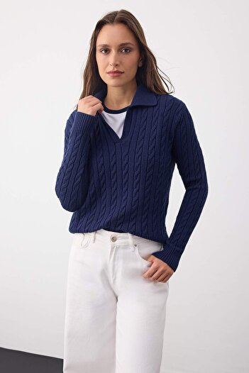 Trendyol Collection Esentiale de garderobă Pulover din tricot cu fire premium bleumarin | TWOAW26KZ00132