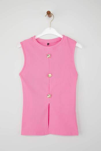 Trendyol Collection Rosa Accessoire-Knopf-Rundhalsausschnitt, reguläre Weste, Strickbluse TWOSS25BZ00558
