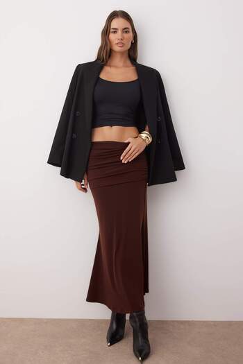 Trendyol Collection Brown Gathered/Drape Detailed Maxi Stretchy Knitted Skirt Twoaw26Et00066