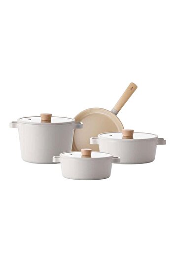 NEOFLAM Beige Fika Glass Lid Casting 7 Piece Pot Set D-Neofs7