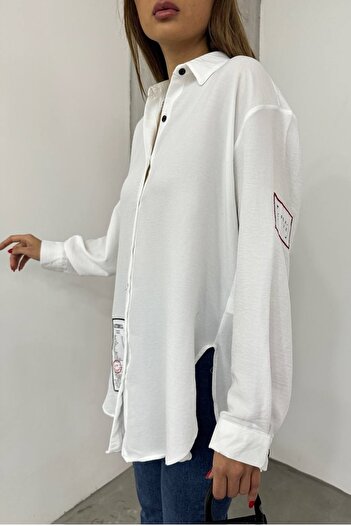lovebox Women's Cotton Fabric Emblem Design Oversize White Shirt 12200