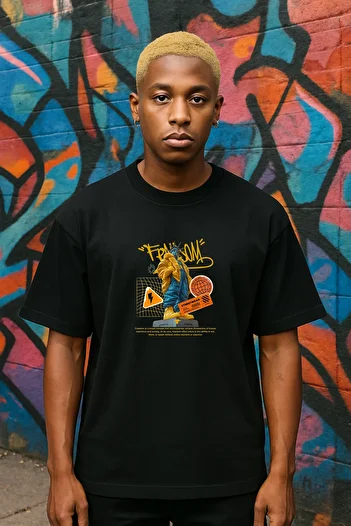 BESSA Black Printed Cotton Regular Fit T-Shirt Crew Neck Short Sleeve 100% Cotton Men/Unisex