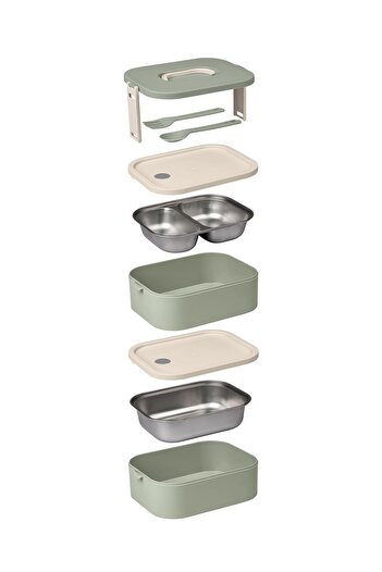 Okyanus Home Lunch Box with Stainless Steel Chamber 2 Layer Self Fork Spoon Lunch Box Green