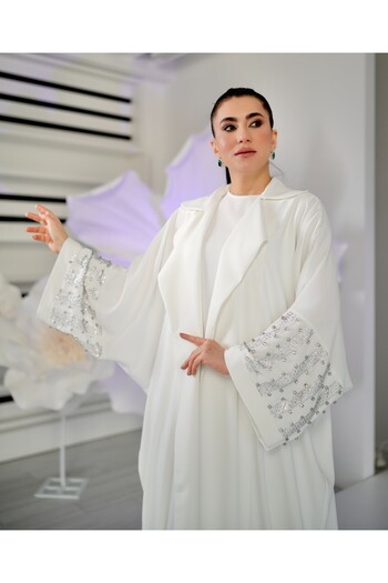 White Corner 2949 Crystal Stone Embroidered Abaya