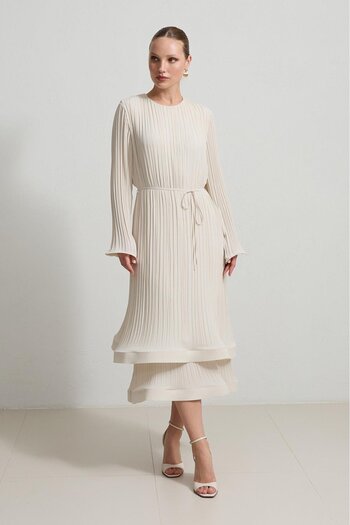 Setre Cream Pleated Relaxed Cut Dress