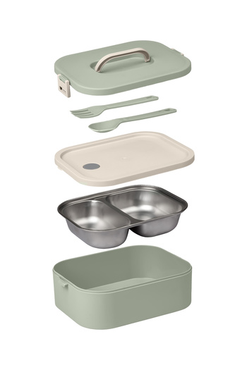 Okyanus Home Lunch Box with Stainless Steel Bowl Single Layer Self Fork Spoon Lunch Box Green