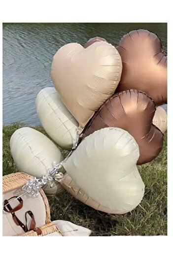 Deniz Party Store Retro Deniz Kumu Karamel Koyu Krem Bej   3 Lü Folyo KALP   Balon Set