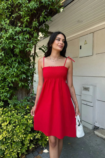 PASTELASTORE Red Short Cotton Summer Dress – Strap Tie Unlined