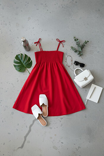 PASTELASTORE Red Short Cotton Summer Dress – Strap Tie Unlined