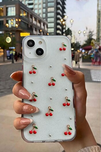 KVK PRİVACY Apple iPhone 15 Compatible Epoxy Cherry Pattern Transparent Glitter Case Shockproof Cover