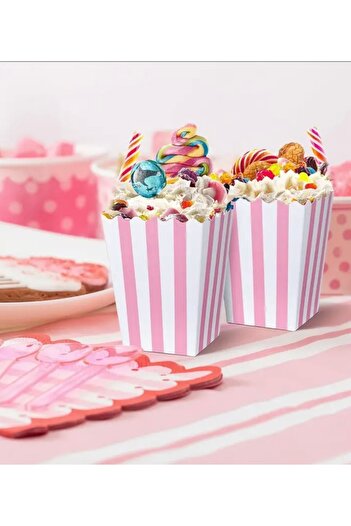 Deniz Party Store Pink White Striped Cardboard Popcorn Corn Chips Box 8 Pieces