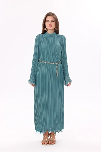 happinice Pleated Long Hijab Belt Detail Dress