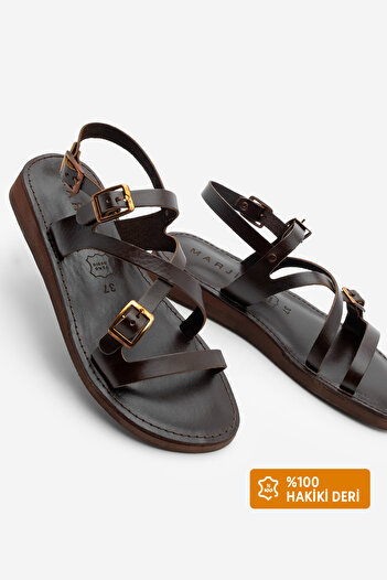 Marjin Women's Genuine Leather Eva Sole Sandals with Back Strap Daily Evira Brown