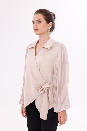happinice Chiffon Sleeves Satin Double Breasted Tie-Up Blouse