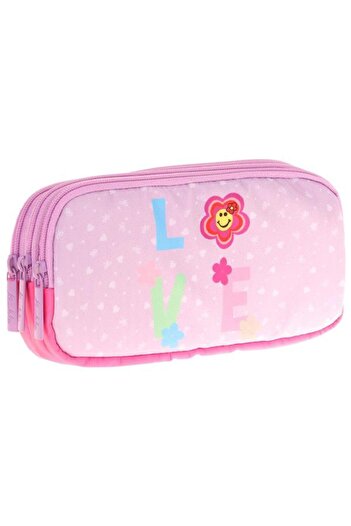 KAUKKO Kids Three Compartment Pink Lilac, Love Patterned, Girls' School Pencil Bag - L8211