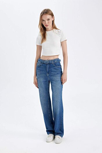 DeFacto 90's Wide Leg Yüksek Bel Geniş Paça Uzun Jean Yıkamalı Pantolon D1336AX24WN