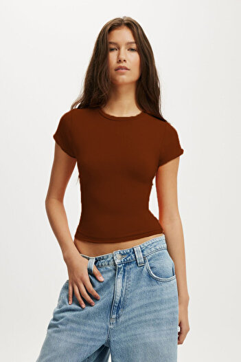 Madmext Brown Crew Neck Basic Women's T-Shirt Mg2479