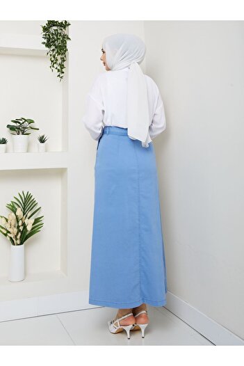 VELLICHOR Pocket Detailed Belted Buckle Gabardine Skirt Light Blue