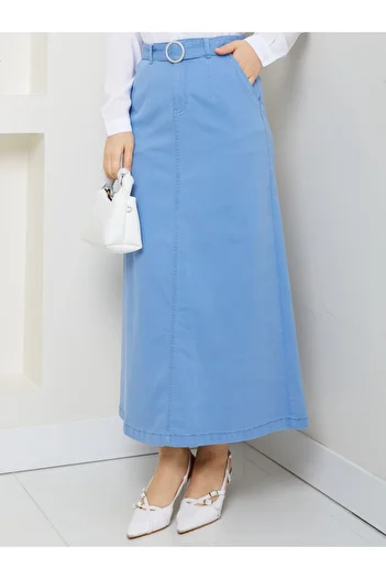 VELLICHOR Pocket Detailed Belted Buckle Gabardine Skirt Light Blue