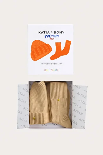 Katia&Bony Чоловічий трикотажний комплект шапки та шкарпеток - Преміум в коробці, темно-бежевий