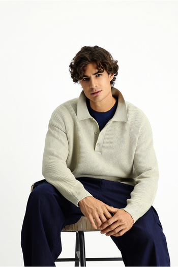 Kiğılı Polo Neck Oversize Extra Comfortable Cut Patterned Knitwear Sweater