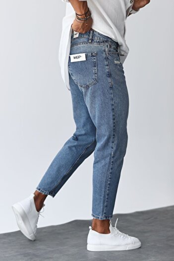 MADZEYMODA Boyfriend Erkek Yırtık Detaylı Mavi Jean Kot Pantolon