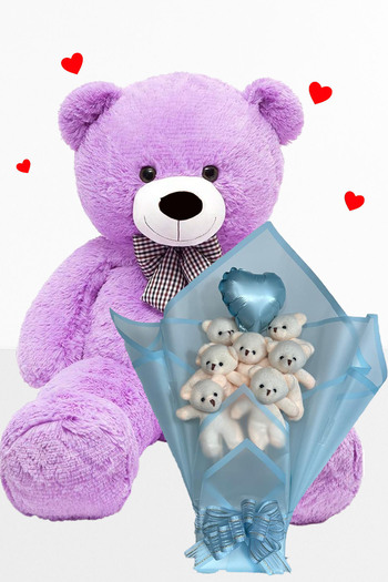 Sole Plush Bear 90 cm Birthday Gift Set Blue Bouquet with Teddy Bear and Balloon Heart for Special Occasion