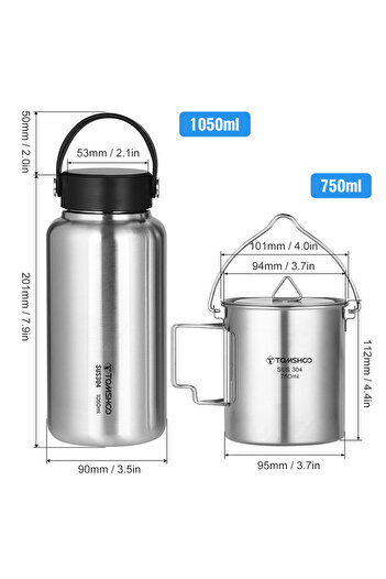 Choice Bottle Hanging Pot Tomshoo 1.05L 304 Stainless Steel Water Bottle Leakproof Sports Bottle 750ml Wate