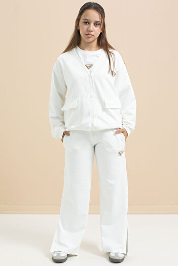 Cansın Mini White Logo Detailed Buttoned Cardigan Girl's Slit 3-Piece Horse-Top Set 21375