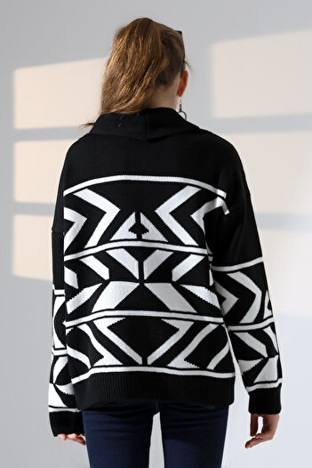 ALCHON V Fold Collar Long Sleeve Jacquard Panel 6 Buttons Winter Stylish Thick Knitwear Sweater