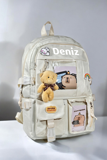 Zebra Konsept Kişiye Özel Isimli Kore Tarzı Kapibara Okul Çantası Aksesuarlı Ayıcıklı Kawaii Çocuk Sırt Çantası