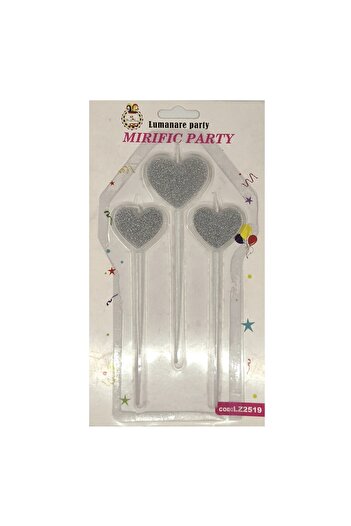 SDX Market Set of 3 birthday candles for cake, heart type, Silver with glitter, 15 cm
