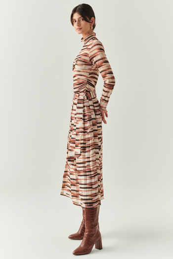 Exquise Belted Lined Regular Midi Pleated Patterned Skirt