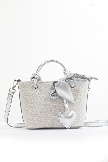 nura Gray Linen Women's Heart Charm Hand and Shoulder Bag