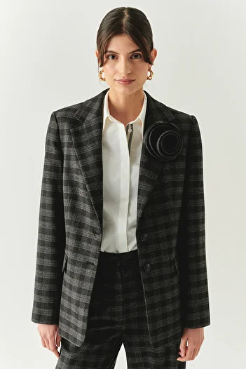 Exquise Plaid Stone Detailed Pocketed Regular Lined Anthracite Blazer Jacket