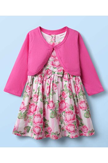 Babyhug Cotton Knit Frock & Full Sleeves Shrug With Floral Print & Bow Applique - Pink