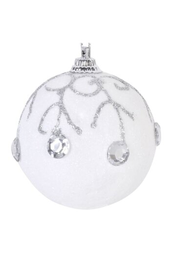 Lioness Set of 6 white Christmas baubles with shiny stones, Lioness, 6 cm