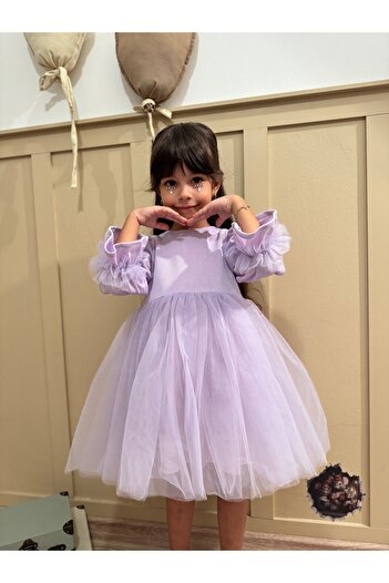 penu baby kids Lila Uzun Balon Kumaş Kol Altı Tütülü Kız Bebek Elbise - Cinderella