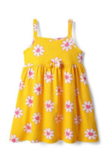 Babyhug Single Jersey Knit Floral Printed Frock With Bow Applique & Bloomer - Yellow