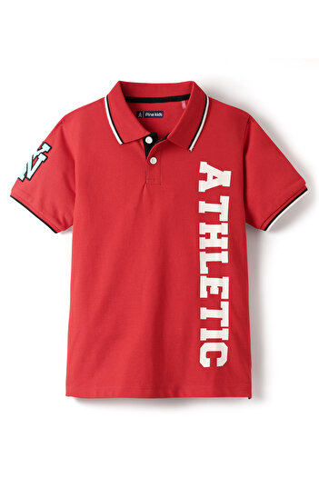 Pine kids Half Sleeves Polo Shirt with Athletic Text Print - Red