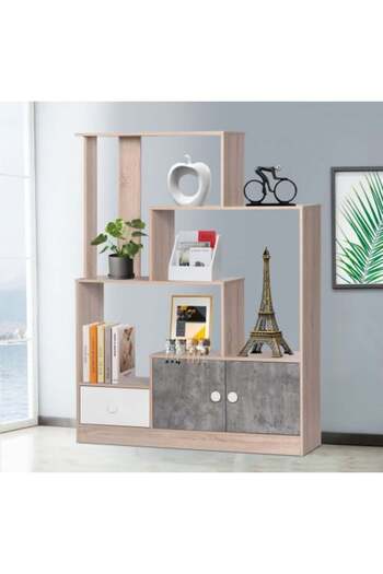 BAITY Malaysian Wood Storage Unit with Shelves and Lower Drawers - Wood and Gray Color