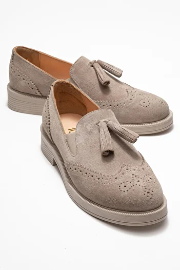 LuviShoes Alex Beige Suede Genuine Leather Tasseled Elastic Women's Loafer Shoes