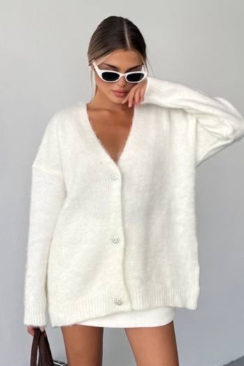 Ded COLLECTION Cardigan lung pentru femei, cu decolteu în V, cu 3 nasturi, cu textura moale, cu mânecă lungă, croială confortabilă