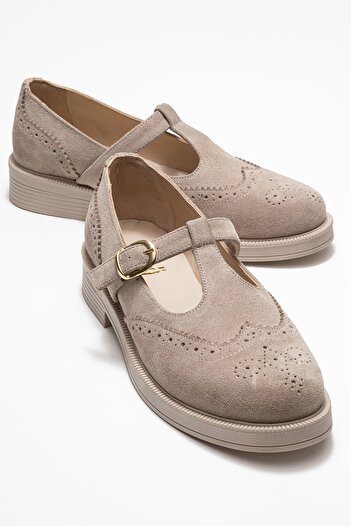 LuviShoes JANNEY Бежеві замшеві жіночі лофери з ремінцем із натуральної шкіри